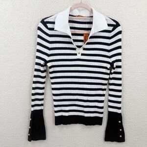 BELLDINI Black white stripe V neck Collared Sweater Top Size L NWT